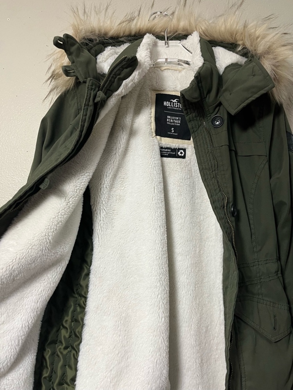 Hollister Heritage Women's Small Olive Green Parka Faux Fur Lined Winter Jacket - Picture 3 of 6